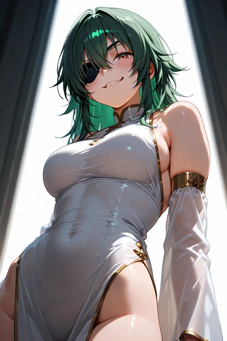 intricate detailed 1girl, young woman with light green hair, extremely detailed beautiful face, striking green eyes, delicate nose, plump lips, highly detailed breasts, large hips, curvaceous figure, wearing black tight yoga pants with visible cameltoe, white skirt, white boots, white tank top, studio lighting, photorealistic, 8k, realistic, masterpiece