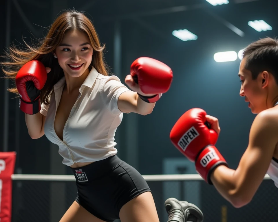 Serious Female wearing suit and tie intense fighting in boxing ring, black suit, (three-piece suit), black driving glove,skirt suit, necktie, bodycon miniskirt, pantyhose, waistcoat, dynamic lighting, in the dark, deep shadow, low key, cowboy shot full-lenght body,fight stance, taunting, winning pose, preppy style, powerfull fight stance, focus, she win the fight pose, professional fighter fight stance, domination fight, avoiding punch from enemy while taunting, preppy fight style, laughing to the enemy, pointing to the camera, hands up professional fighter, hand touching her necktie to tease opponent, looking at viewer from below