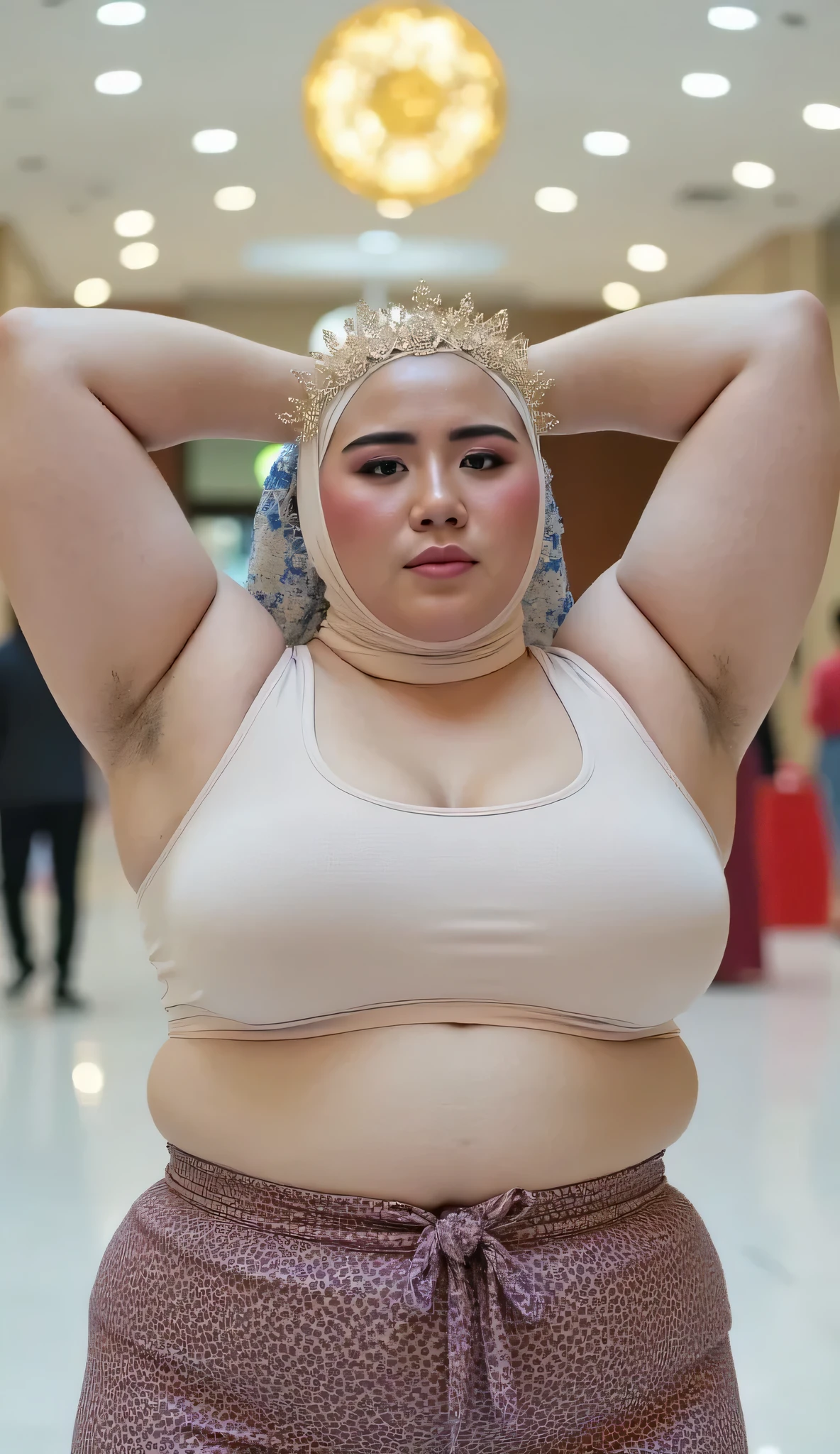 (realistic, photo-realistic:1.4), Fat ssbbw, (((MALAY PASHMINA HIJAB GIRL))), NO MORE ROPE, wearing oversize plain strapless bra, (realistic, photo-realistic:1.4), (1 FUTUNARI), big breast, and high waist plain panties, hand on hips, ((HEAVY GIGA)), kedua belah tangan berada Di belakang Kepala tanpa terlihat Sedikit jari, bulu ketiak lebat, KUALITI PHOTO SANGAT JELAS DAN TAJAM, BACKGROUND BOKEH DI DALAM PUSAT MEMBELI-BELAH