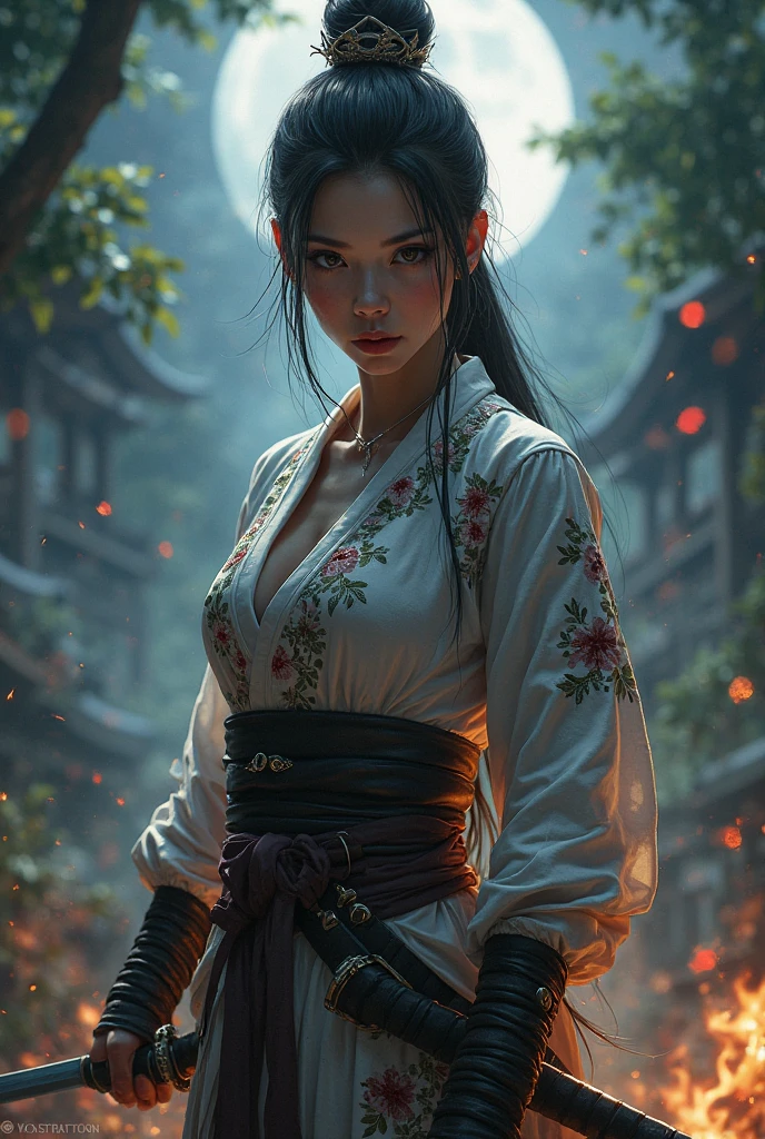 (High Detail:1.2) Anime girl, (Best quality, Detailed), Top quality, high resolution, perfect human structure, 1girl, (solo), elf, long hair, ponytail, black hair, (red eyes), serious, gravelly:1.3, dark:1.2, fair skin, white kimono, beautiful, big breasts, plunging neckline, intense look, dynamic pose, on back in the grass, japanesse temple behind, (8k, vibrant colors, digital art, concept art)