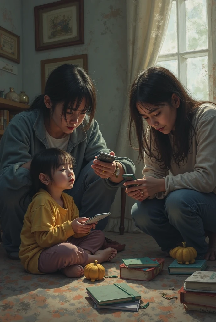 two Indonesian grown up sisters, one chubby, both absorbed in their gadgets, with their short-haired mother nearby looking upset and angry, one skinny older man sitting nearby, wearing sarong and peci, laughing, ultra-detailed, photorealistic