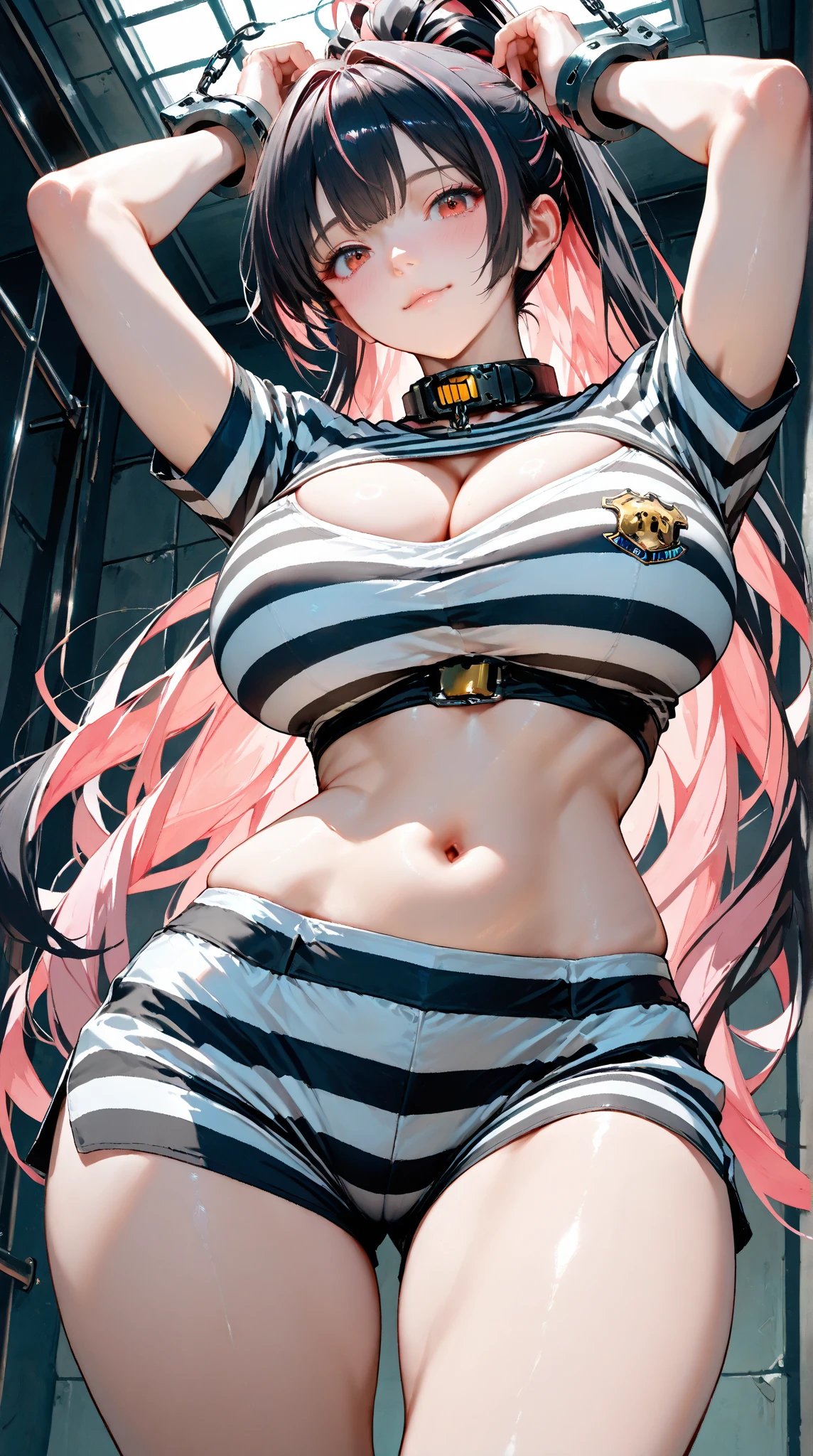 Female, standing, straight, 1girl, elf, green wavy hair, from above, medium breasts, suspended by arms, head down, POV, from the side, (dirty, bruise:1.2), cave floor, tiedup, rope, (Masterpiece), full body of a female, big breast, detailed face, full portrait, standing straight, shackles on arms and legs, black chocker on neck, SFW, WHITE TOGA, golden chains hands, golden chains legs, lascivous face, embarrassed, red cheeks, braid black hair, looking at viewer, handcuffs on their hands, with a collar around the neck, slave, ((black choker, shackles on legs and arms)) ((hands hidding behind body))