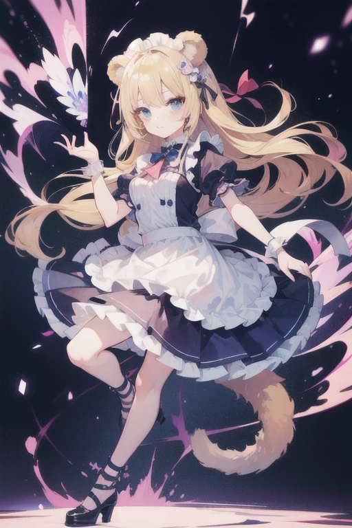 ((Huge arm floating in the air)), full body, ((Android maid in the center)), (two-tone silver and gold hair)