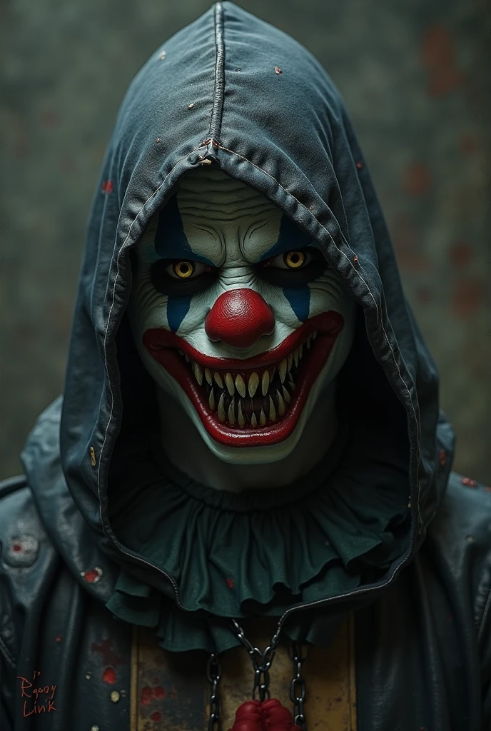 A logo of a horror clown with a cap and the name CLOWN BRAND