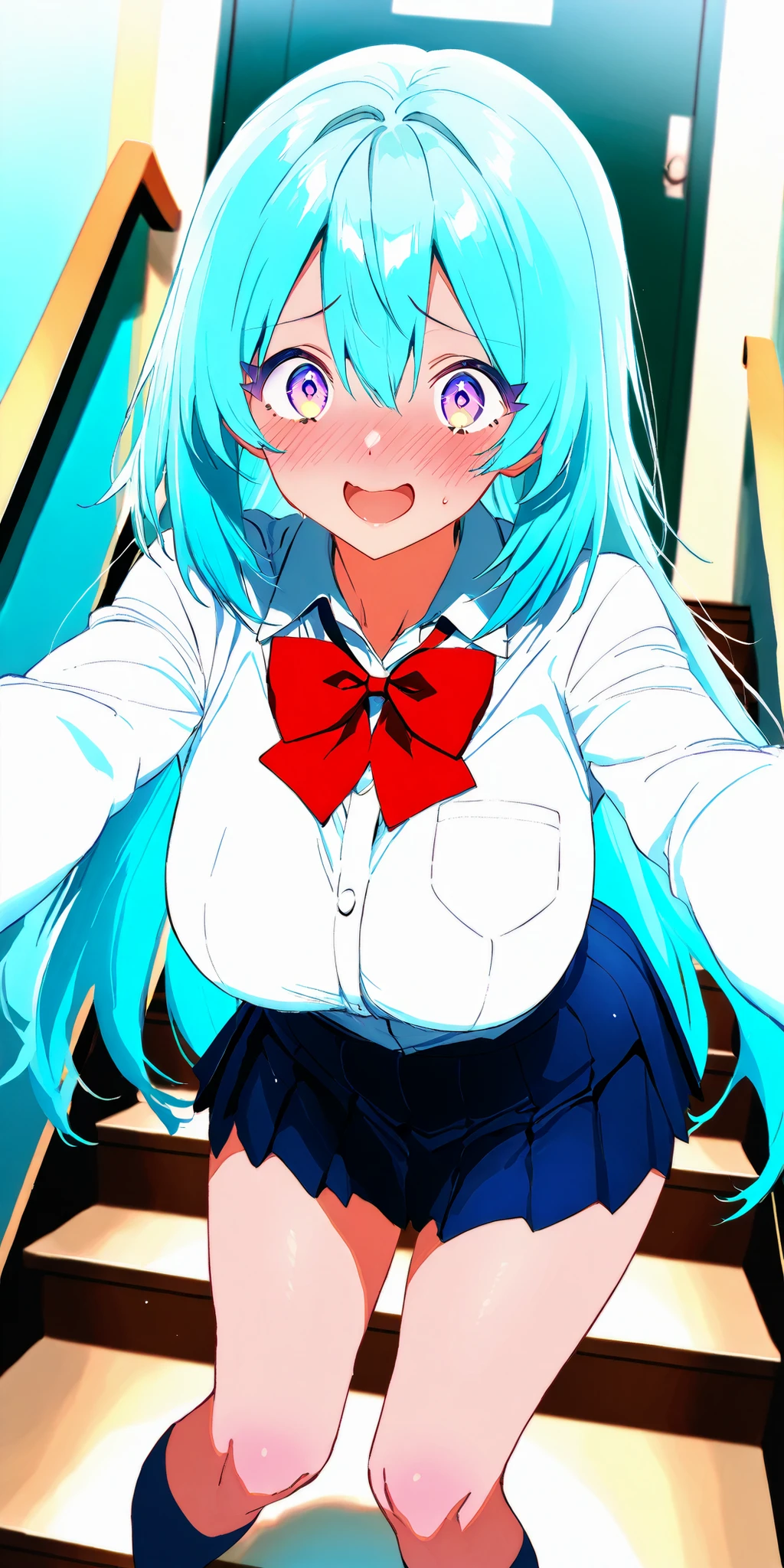 cel-shaded, 1990s anime, detailed, high quality, atmospheric, masterpiece, best quality, very aesthetic, absurdres, anime screencap, miku. 1girl, solo, (red eyes:1.5), detailed eyes, blue hair, twintails, long twintails, hair ribbons, (red miniskirt:1.5), plaid miniskirt, (white shirt:1.5), (school uniform:1.5), red tie, panties, indoors, curvy body, big breasts, blush, smile, sexy, collarbone, cleavage, cowboy shot, (wariza:1.5), from below