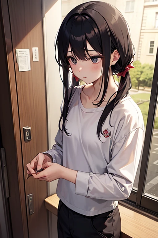 (8K, RAW photograph, Highest quality, masterpiece:1.3),(Genuine,photograph:1.37),(Black Hair),Pause,One girl,Very beautiful face,cute,(small),(Hands down))),Poggy Hairstyle,Random representation,(White T-shirt),ＪＫ_style,(Track Shorts) ,Black Hair,(19 years old),moderate,Five Fingers,Normal hand,small Mouth,Straight hair