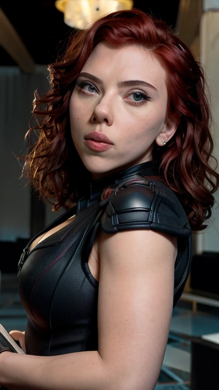 scarlett johansson like black widow, marvel super hero, realista, detalles, 8k, tetona, cuerpo completo, big tits