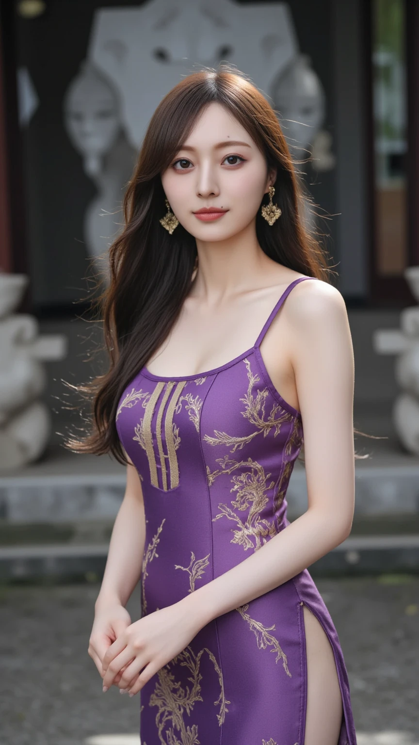 (Surreal), (shape), (High resolution), (8k), (Very detailed), (best shape), (beautiful fine grain), (highest quality), (Very detailedな), (masterpiece), (wallpaper), (Realistic), (Natural light), (Rim Light), (Detailed face), (Very detailedなリアルな肌の質感), (Anatomically correct), (alone), (1 girl), (Very detailedなリアルな髪), (Purple black hair:1.35), (heterochromatic eyes), (fine grain), (Realistic big breasts:1.5), (masterpiece, highest quality: 1.2), (Small headband)(Chinaの風景画の水彩画), (China'The steep mountains of Huangshan々A watercolor painting of,)One Girl,(Large Breasts、Large Breasts、Big Breasts) 精巧に刺繍されたChinaの衣装 ,Decorative micro bikini ,(Cleavage exposure、Expose your arms、Navel exposure、Exposed thighs)(Whip Body、Slender Big Breasts)Garter Stockings、 (smile), Looking at the audience,
