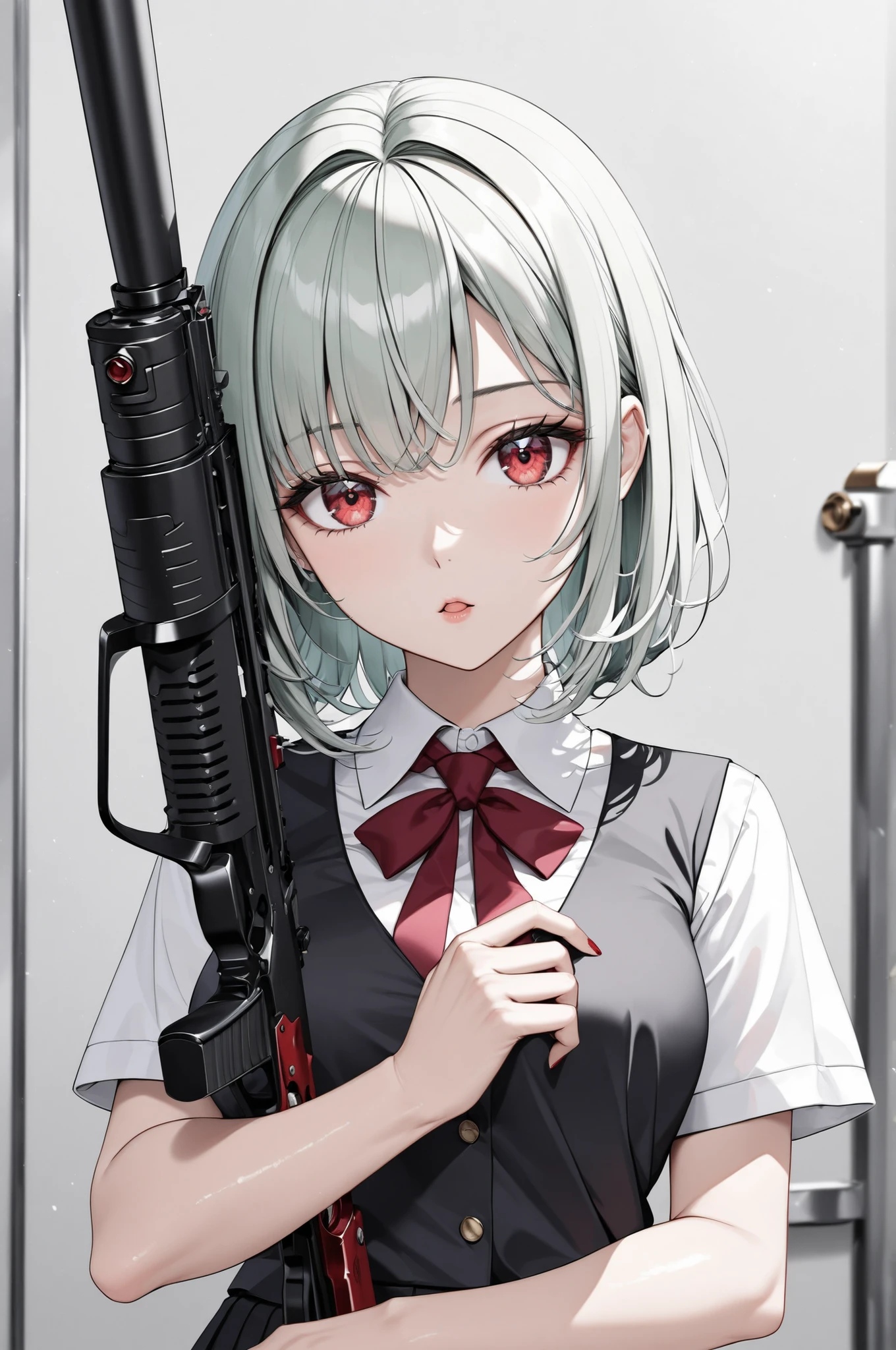 a beautiful adult woman, schoolgirl, shooting the high-performance gun, holding her one hand, solo, Clear red eyes, Delicate green hair, \schoolgirl:0.0\, Fine, silky, glossy skin, 