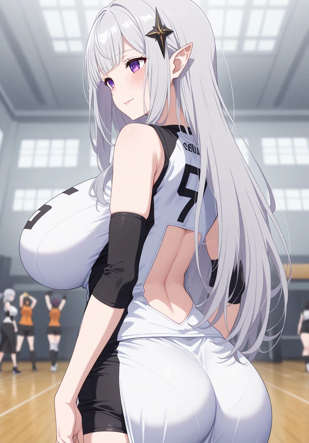1 girl,White color blouse,Cabelos preto and longolack shorts,Covered in sweat,Play volleyball,Bigchest,humongous large breast,I can see my nether regions,navel