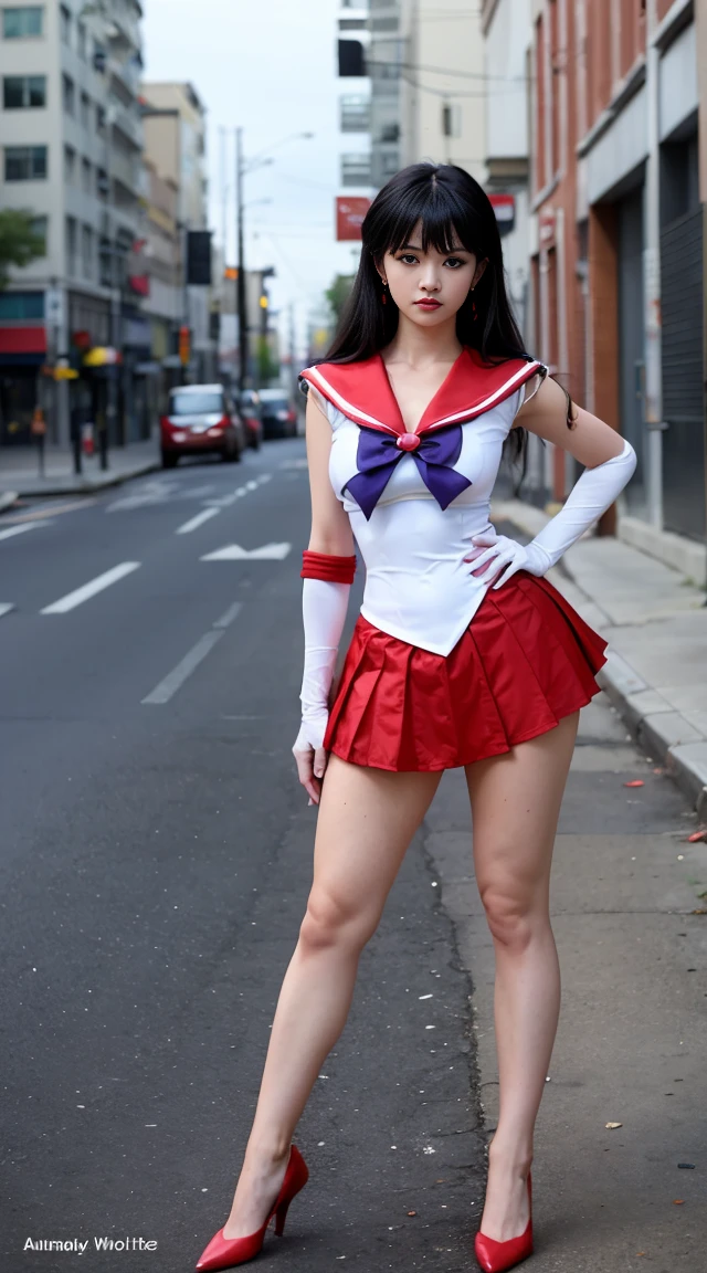 1 girl,long hair, (high quality,8K,black hair, realistic, 最high quality,masterpiece,Super detailed, disorganized)1.5,((Summer 1, tiara, Sailor Senshi Uniform, white gloves, Red sailor collar, red skirt)),City of night,white gloves,purple ribbon,purple eye, (magical world,fire),high heels, (full body photo, doing squats:1.5), huge breasts, smile,pantyhose