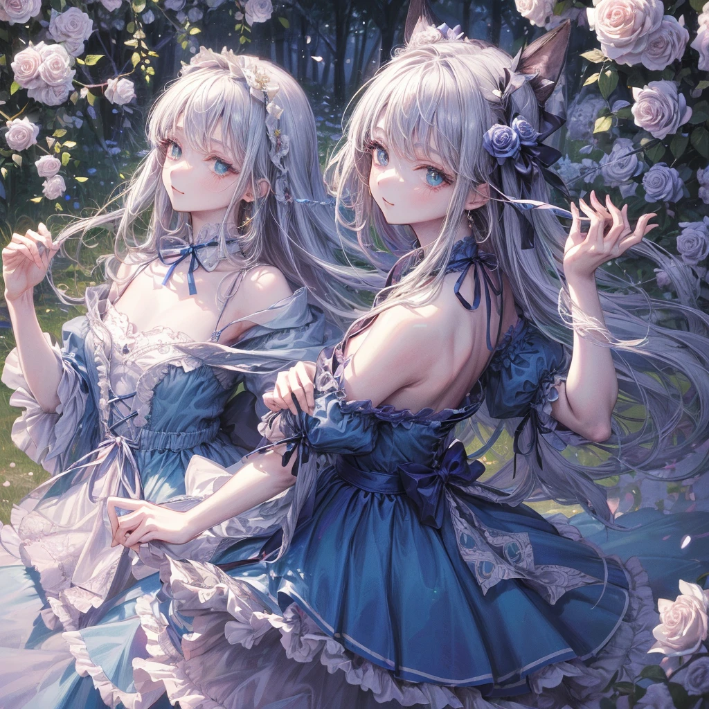 Silver hair, pink eyes, body, cat ears, sexy girl, earrings, flower sky background, green gold uniform, hair bows, bend over, happy face, full body