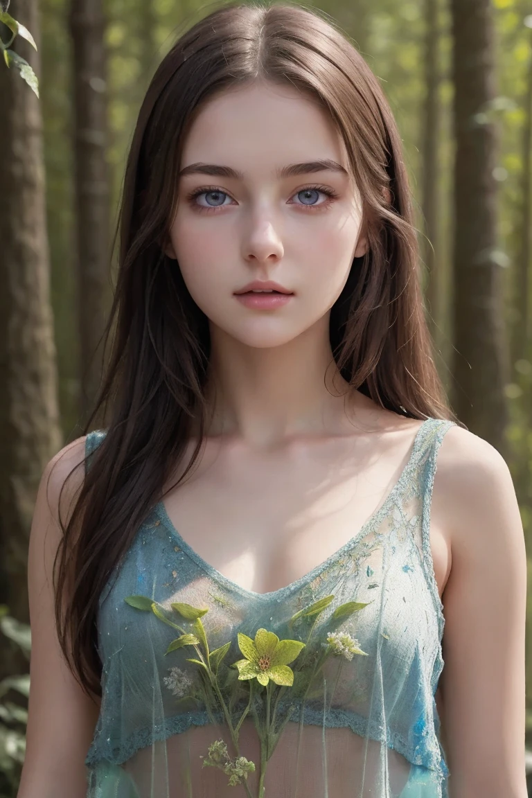 muted color, upper body, portrait of beautiful women, forest, looking over spruce forest, moody portrait, striking features, beauty, intricate details, dramatic composition, tension, wispy wide hair, blue eyes, contrast, texture, realism, high-quality rendering, stunning art, high quality, film grain, Fujifilm XT3, detailed skin, (freckled,acne:0.6)