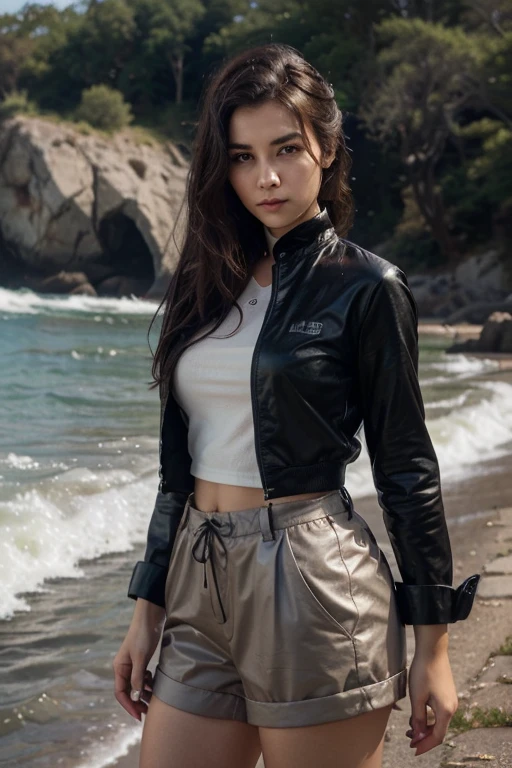 (masutepiece:1.3), (8K), (Best Quality:1.4), (nffsw:1.2), (Photorealistic:1.3), (Raw photography), (1girl in), (ultra high detailed), (Detailed face), Very perfect beautiful and cute face, (detailed hairs), Beautiful hair, Bangs, (Symmetrical eyes:1.3), (Detailed eyes), (Detailed skin), Realistic skin, Shiny skin, Ultra high definition, (medium breasts), (slim figure), (Supermodel Figures), 20yr old, 

(I&#39;m wearing a black short rider&#39;s jacket, White Bikini, white a-line skirt, Sunglasses, high-heels, trending), (On a hill overlooking the beautiful sea)