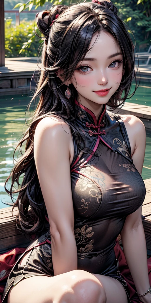 1girl, beautiful detailed eyes, beautiful detailed lips, extremely detailed face and features, long eyelashes, seductive gaze, delicate facial features, porcelain skin, slender figure, elegant cheongsam dress, flowing long black hair, intricate embroidery, traditional oriental landscape, tranquil lake, lush bamboo forest, golden sunset, dramatic lighting, cinematic composition, highly detailed, photorealistic, masterpiece