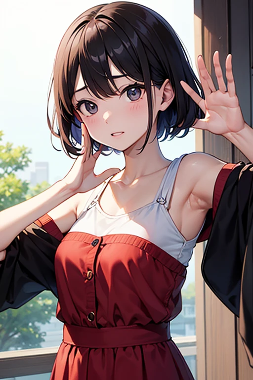 (masterpiece, best quality:1.3), (very detailed:1.2), (raw photo:1.2), RAW color photos with high detail, professional photography, professional lighting, complete anatomy, (big bust:1.2), (detailed face, detailed eyes), (happy smile:1.7), sexy, erotic sexy, Random sexy gravure pose, short off shoulder, short skirt,street background, chest highlighting pose, Hands behind your back,