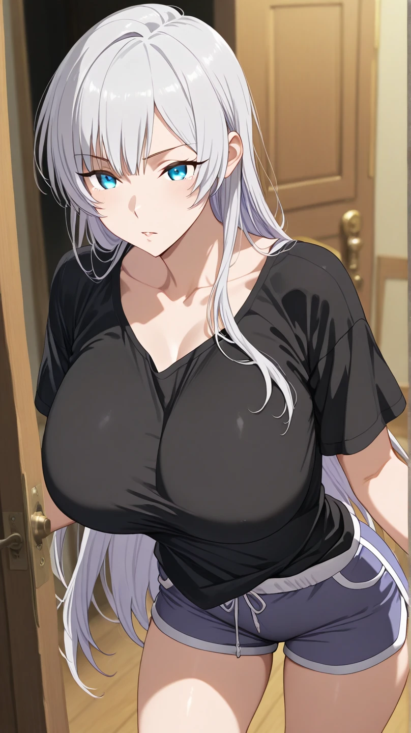 sitting at luxury sofa, grabbing her breasts pose, wet clothes, see through clothes, (white t-shirt), pink flower pattern bikini, (black short pants), luxury livingroom background, rossweisse, (1 girl), anime cels style, best quality, high resolution, 1girl, (huge breasts:1.2), beautiful face, grey hair, aqua eyes, long hair, rossweisse hair, hair ribbon, cowboy shot, blush, embarassed, looking at viewer