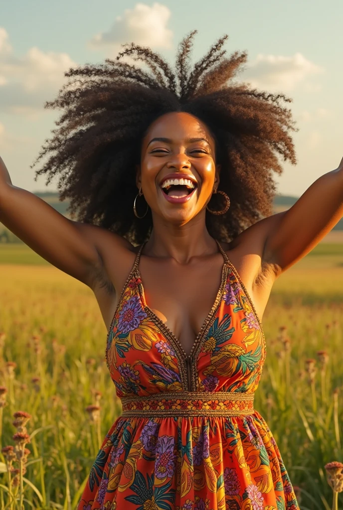 A woman celebrating her success, joyful and happy, wearing a green dress with sleeves covering her breasts, arms raised, full body shot, realistic photograph, photorealistic, HDR, sharp focus, professional, vivid colors, natural lighting