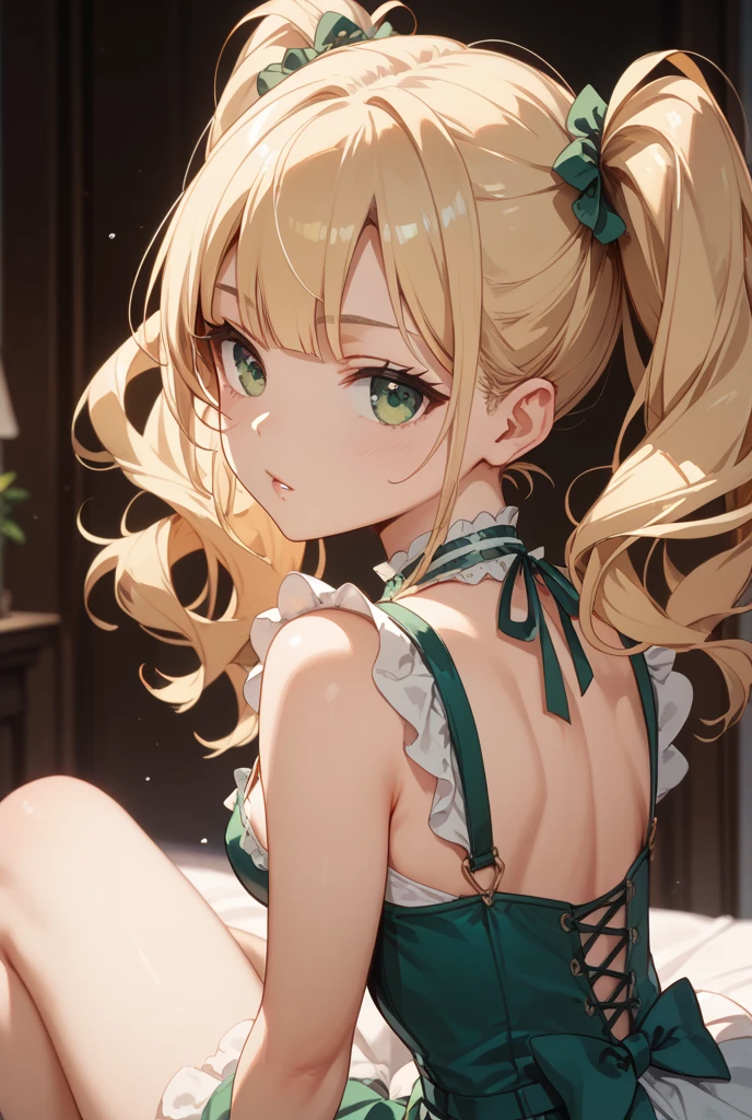 masterpiece, best quality, illustration, highres, absurdres, ultradetailed, amicia michella - nijisanji, 1girl, brown short hair, yellow inner hair, wavy hair, green eyes, highly detailed eyes, shiny, shiny skin, bright eyes, ((1 girl, solo, bunny ears ornament, black bunny suit, high-neck collar, bow tie, bunny girl suit, medium breasts, turtleneck, audience, crowd, ass, from behind, looking back, night club interior, nighttime, latenight)),