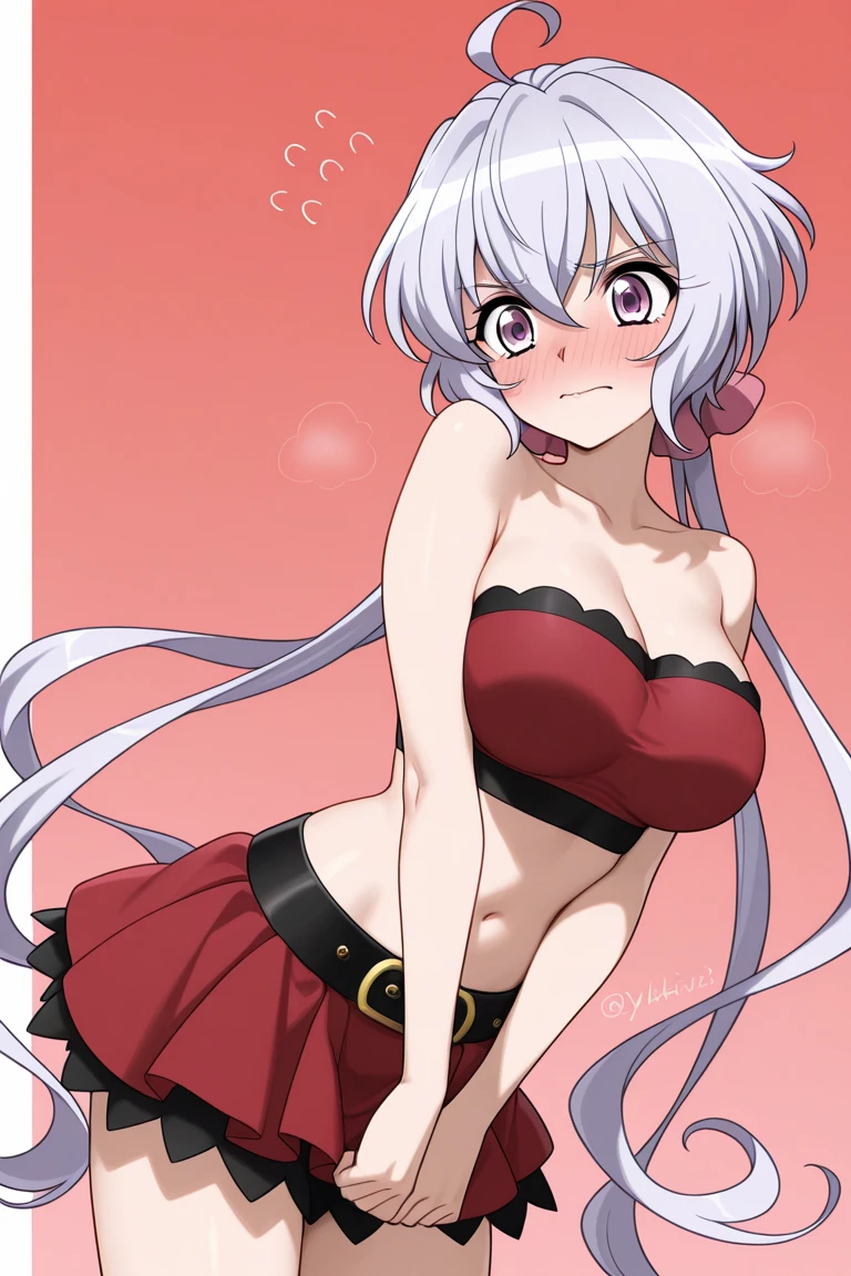 masterpiece, best quality, 1 solo girl, white hair, red eyes, bob cut hair, wavy hair, medium breasts, mature body and face, bare shoulders, cleavage, white lingerie, white bra, white panties, open stomach, bed, leg up, cowboy shots, sexy pose, dakimakura, detailed body, face, and eyes, sharp focus, vibrant, creative, dynamic, high definition, high resolution, 8k, voluptuous body,