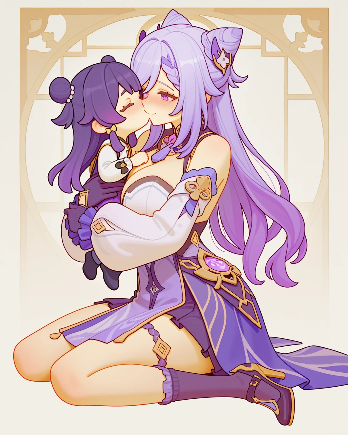 purple hair, rose eyes, short hair, naked, white background, smoll stature, chibi, flat cheast, flat tits, show pussy, view from behind