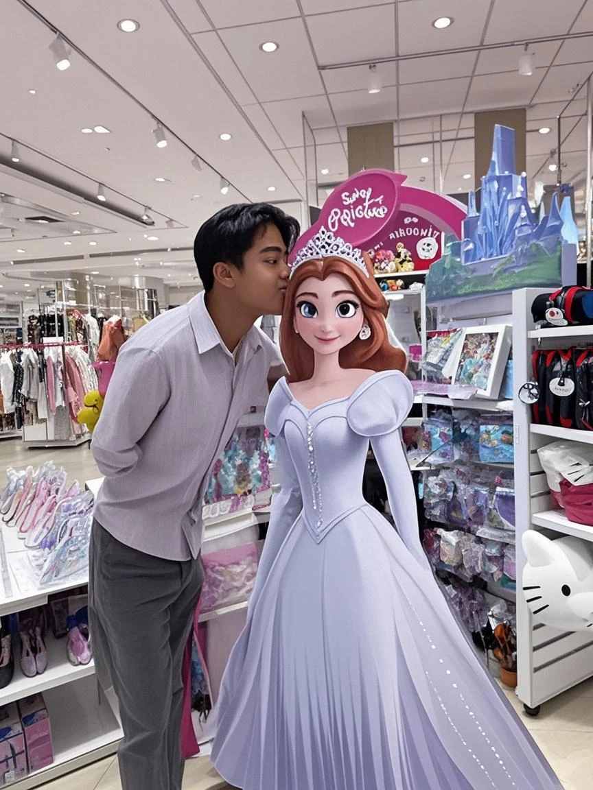 Couple kissing poster about young very tiny adult white female and young so big boy like gym boy. Girl has crystal blue eyes. boy has brown big eyes and wearing clear spects. Both has black eyebrows. Both has black log knot haris. make it a disney pixer 3d animation