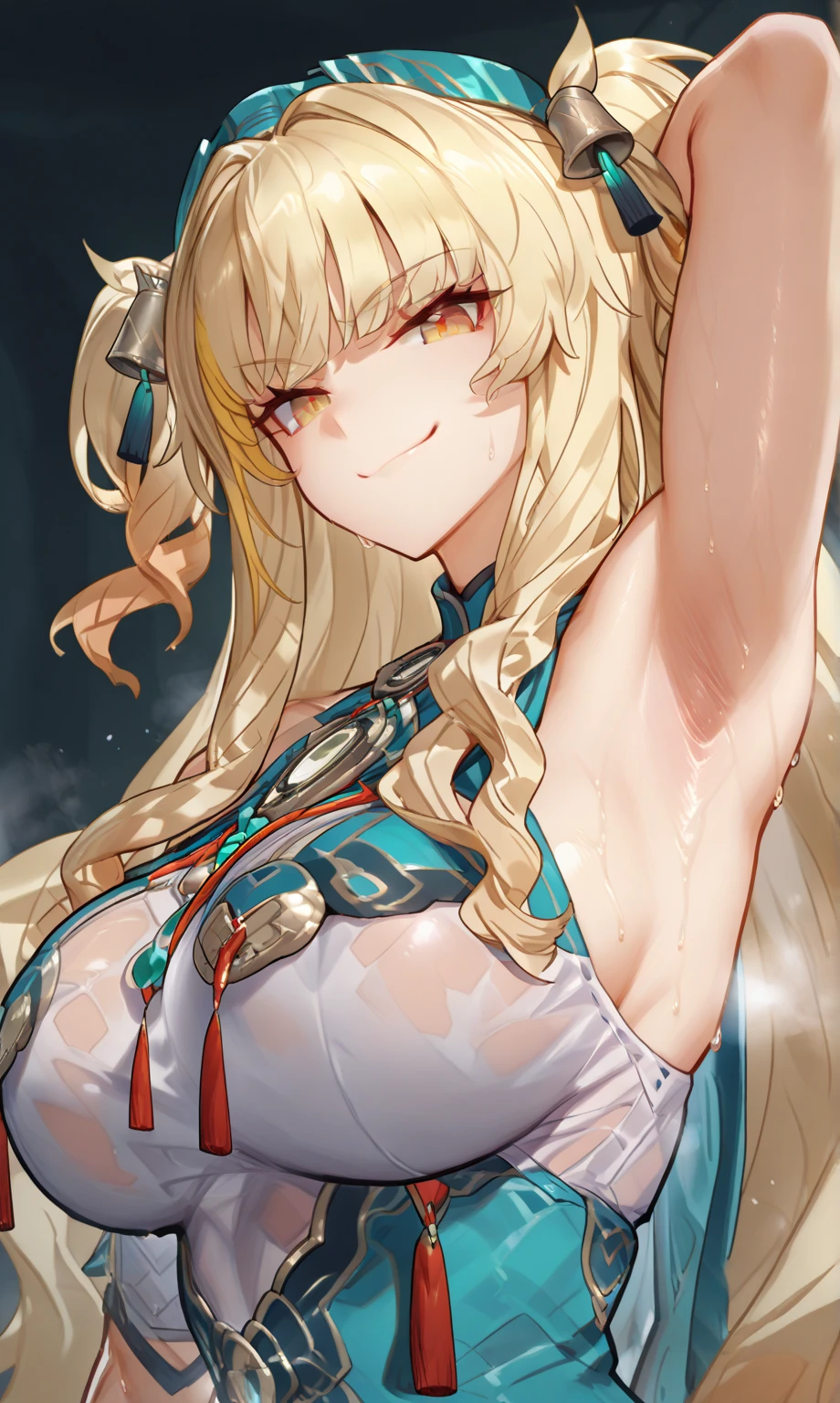 masterpiece, best quality, 1girl, solo, breasts, long hair, blonde hair, red eyes, tabard, ass, naked tabard, heart, sideboob, large breasts, looking at viewer, earrings, hat, blush, tongue, jewelry, sweat, tongue out, smile, no panties, bare shoulders, dress, naughty face, sash, heart-shaped pupils
