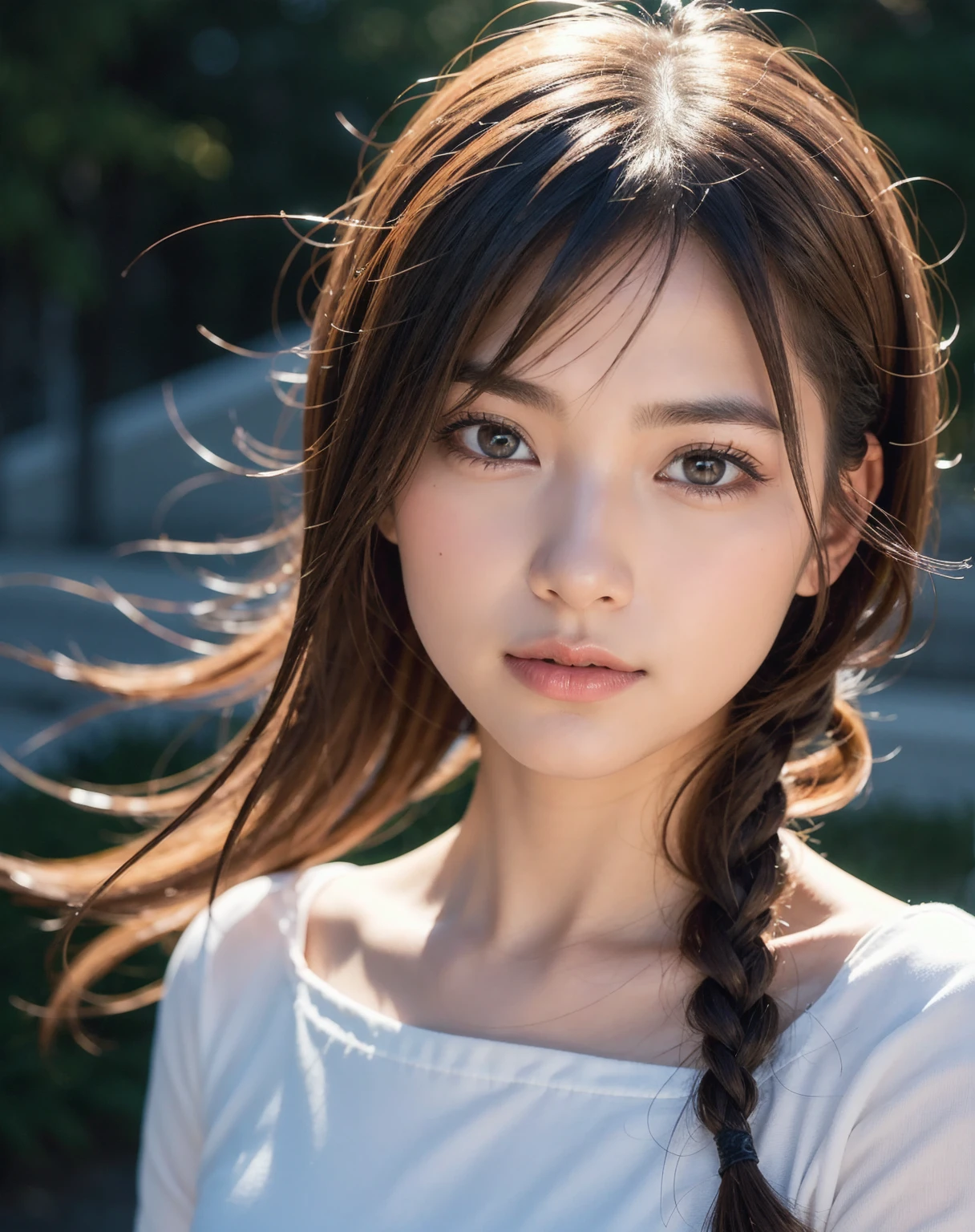 8K, of the highest quality, masutepiece:1.2), (Realistic, Photorealsitic:1.37), of the highest quality, masutepiece, Beautiful young woman, Pensive expression,、A charming、and an inviting look, Oversized knitwear、cleavage of the breast, Hair tied back, Cinematic background, Light skin tone