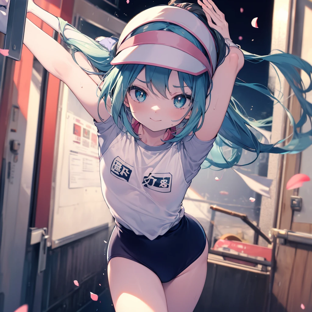 (masterpiece、highest quality、highest quality、official art、beautiful beautiful:1.2)、(1 girl:1.3)Hatsune Miku、twin tails,big breasts,table top, highest quality, 8k_wallpaper, (beautiful eyes), ((cute)), cute, (Lovely), (Please park on sunny days),1 girl,,1 ,standing girl,smile,close up of face、Portrait(((run a marathon)))、(((jogging)))、((track and field uniforms))