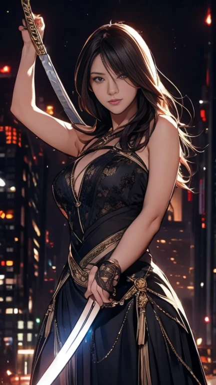 Young woman, Tifa Lockheart Final Fantasy 7, video game, ultra realistic, Tifa super sexy in fighting pose, using Japanese katana sword, fantasy environment, detailed hair, short clothes, super detailed lingerie, full breasts, high quality image, 4k photo model --auto --s2