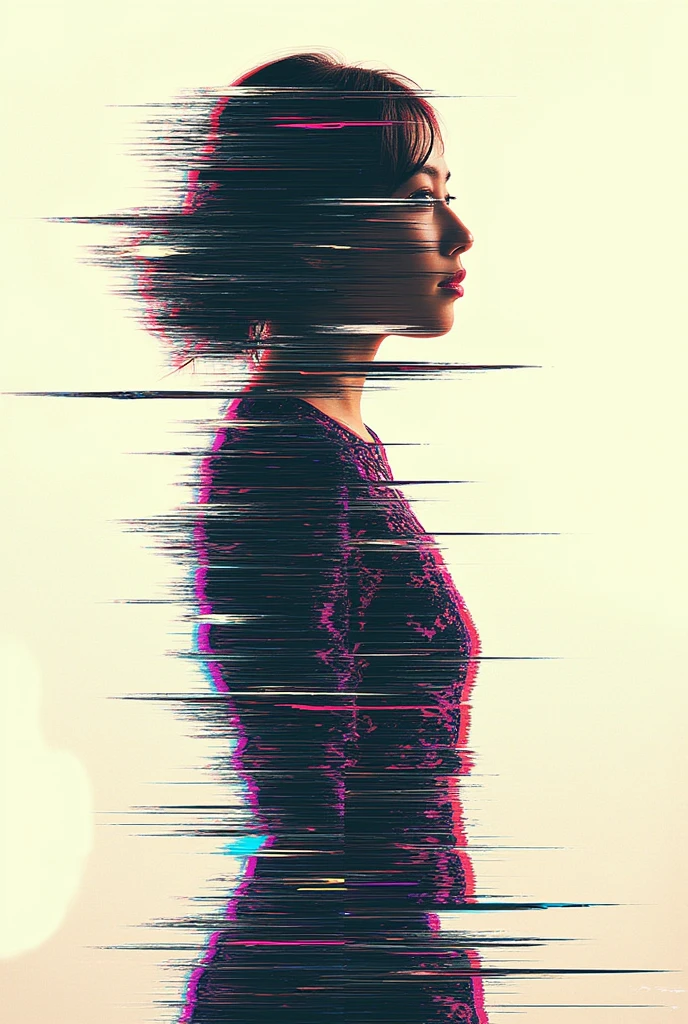 Glitch art with linear distortion, horizontal scan lines and digital interference, vertical portrait of one Asian woman silhouette, minimal psycho drop pop splash bash background, horizontally distorted figure with scan line interference pattern, soft diffuse lighting, corrupted data aesthetic with noise texture and horizontal artifacts