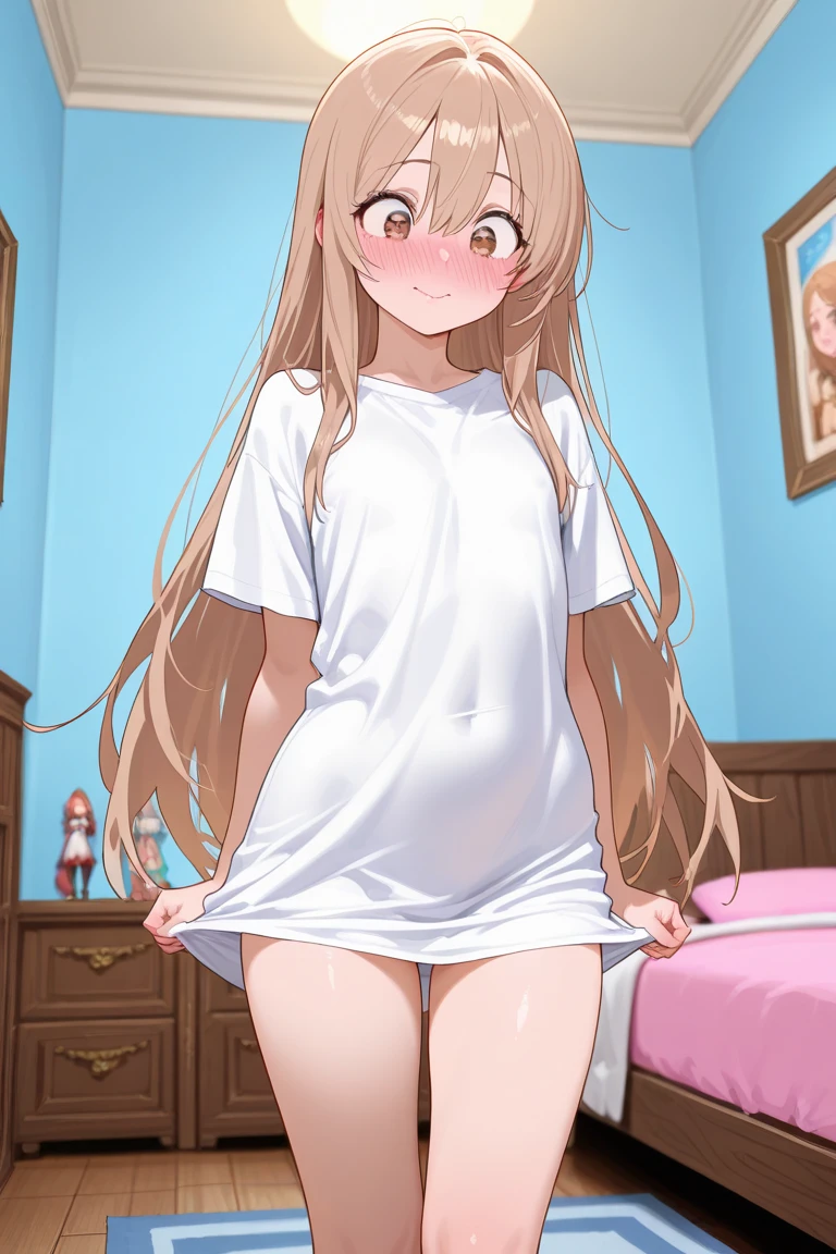 1 girl,2 boys, highest quality, very detailed, (masterpiece), (illustration), indoor, long sleeves, blonde hair, long hair, green eyes, two side up, eyebrows visible through hair, bangs,flat chest, shy, blush, nude,vaginal,sex,gangbang,twoboys,cum in pussy,woman the top