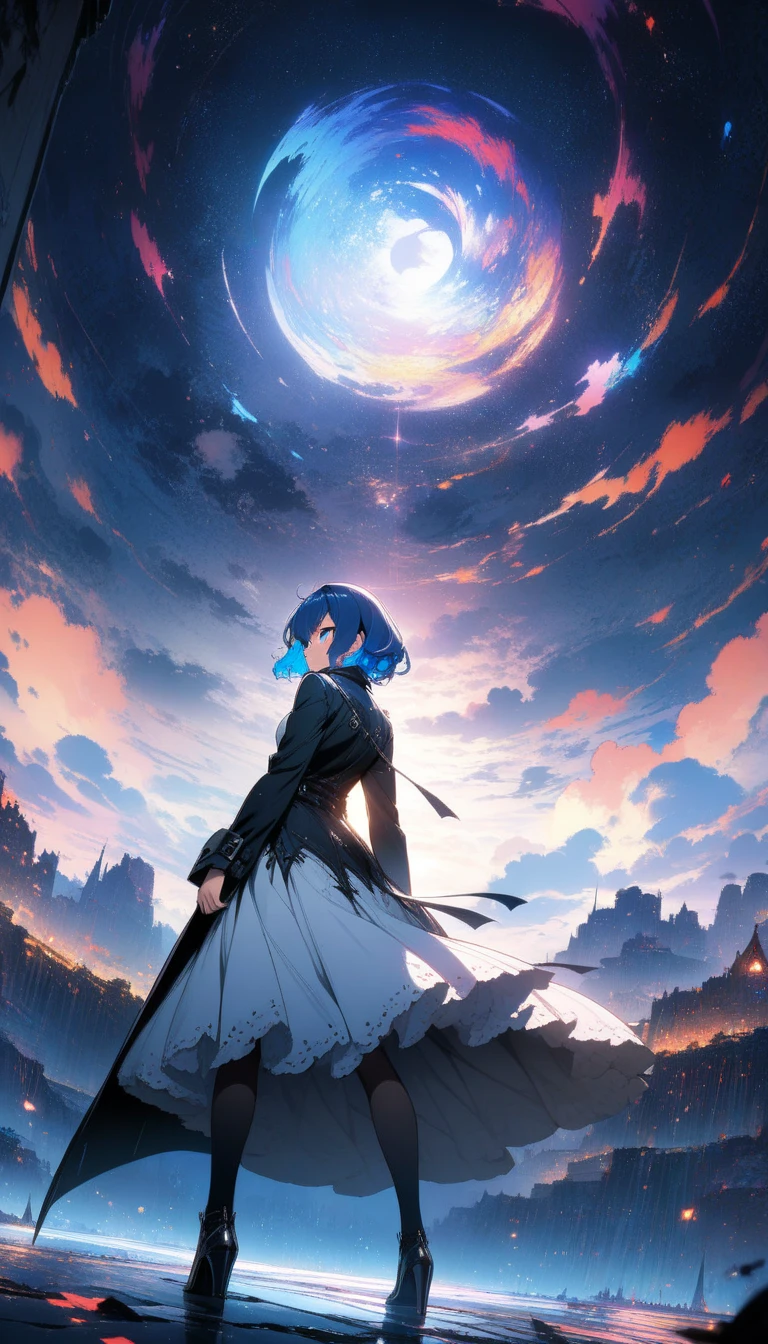 boy, blue hair mixed with black, long ponytail braided at the back of the head, dark green eyes, wearing super big sneakers, black active wear, many accessories, sword, jumping from a high building Downhill, floating, arms outstretched, mid-air, front view of face