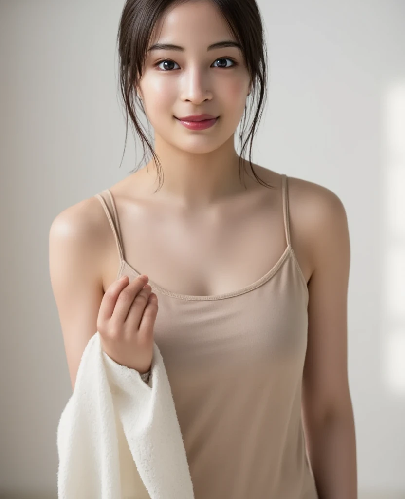 (masterpiece), (top-quality), (full body shot), (Tube top:1.5), (roll up Small towel:1.5), (exposed shoulders:1.5), (thin fabric:1.5), (blushed face:1.3), (barechested:1.3), (realistic:1.5), 1 little girl, precise hands, Embarrassed look, Smile, extremely cute girl, baby face, Clear eyes, Shining eyes, small breast, No pubic hair, The beautiful skin, ultra-definition, Top resolution, in the Alley