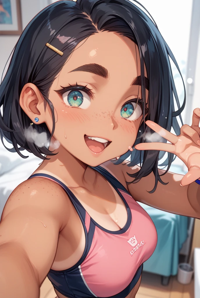 (masterpiece, best quality:1.2), noodle (gorillaz), black hair, short hair, streaked hair, black eyes, multicolored hair, looking at viewer, bangs, heavy bangs, bangs covering eyes , parted lips, breasts, small breasts, bob cut, sparkle, glint, blush, 1girl,detailed clothes, detailed nipples, two toned striped sweatshirt, denim mini shorts, boots, thin Japanese girl, cute white, pretty, innocent, 18 year old, (flat abs)), blushing, (sideboob), (underboob), pink areolas, pink transparent microbikini, wearing a small pink transparent thong of undersize, ((sitting in the back seat of a car)), (((cameltoe: 1.2))), black choker, take a selfie, Looking at the camera, smiling, having fun, happy, up close, (NSFW)