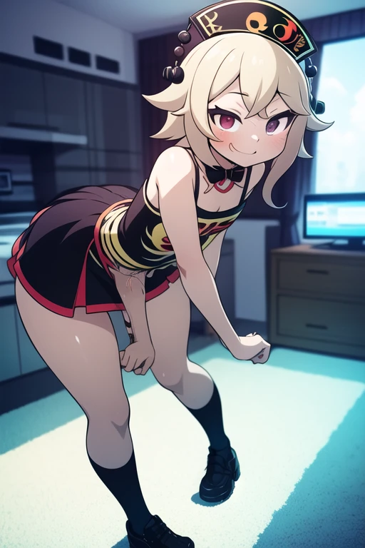 ((masterpiece, best quality)),(complex lighting), solo, full body, 1girl, mandy,blonde hair, pink dress, short hair, black eyes, black headband, sharp hair, empty hands,
