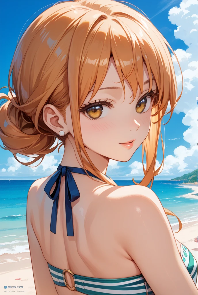 ((masterpiece, Highest quality, High resolution, uhd, Pixel perfect, Depth of written boundary, 4K, RTX, HDR)), 1 Girl, single, alone, 24-years-old, Beautiful Anime Girls, Beautiful art style, anime character, ((Parted bangs, Brown Hair)), (blue eyes、Round eyes, Delicate eyelashes、Beautiful eyelashes, Perfect Eyes), (Detailed face:1.2), (Smooth texture:0.75, Realistic texture:0.65, Realistic:1.2, Cinematic, Anime CG Style), Perfect body, Ocean:1.3、Moderately good breasts:1.7、Red Micro Bikini Swimsuit:1.8、Visible from the thighs:1.9、Wet、Water Drop、Splash、nsfw、visible from below、