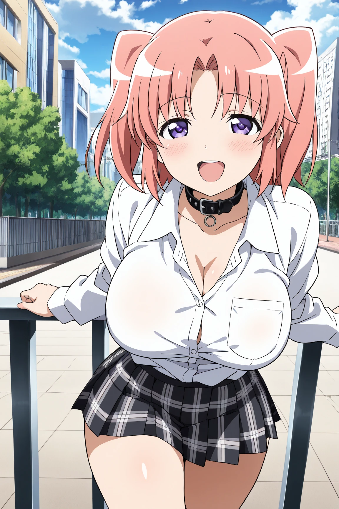 Yuigahama Yui, short hair, brown eyes, Pink hair, single bun hair,
looking at viewer,
(masterpiece), highest quality, High resolution, unity 8k wallpaper, (perfect anatomy:1.2),
blush, smile,
(huge breasts:1.1),
concert hall,
(pink hoodie), checked skirt,
skirt lift,