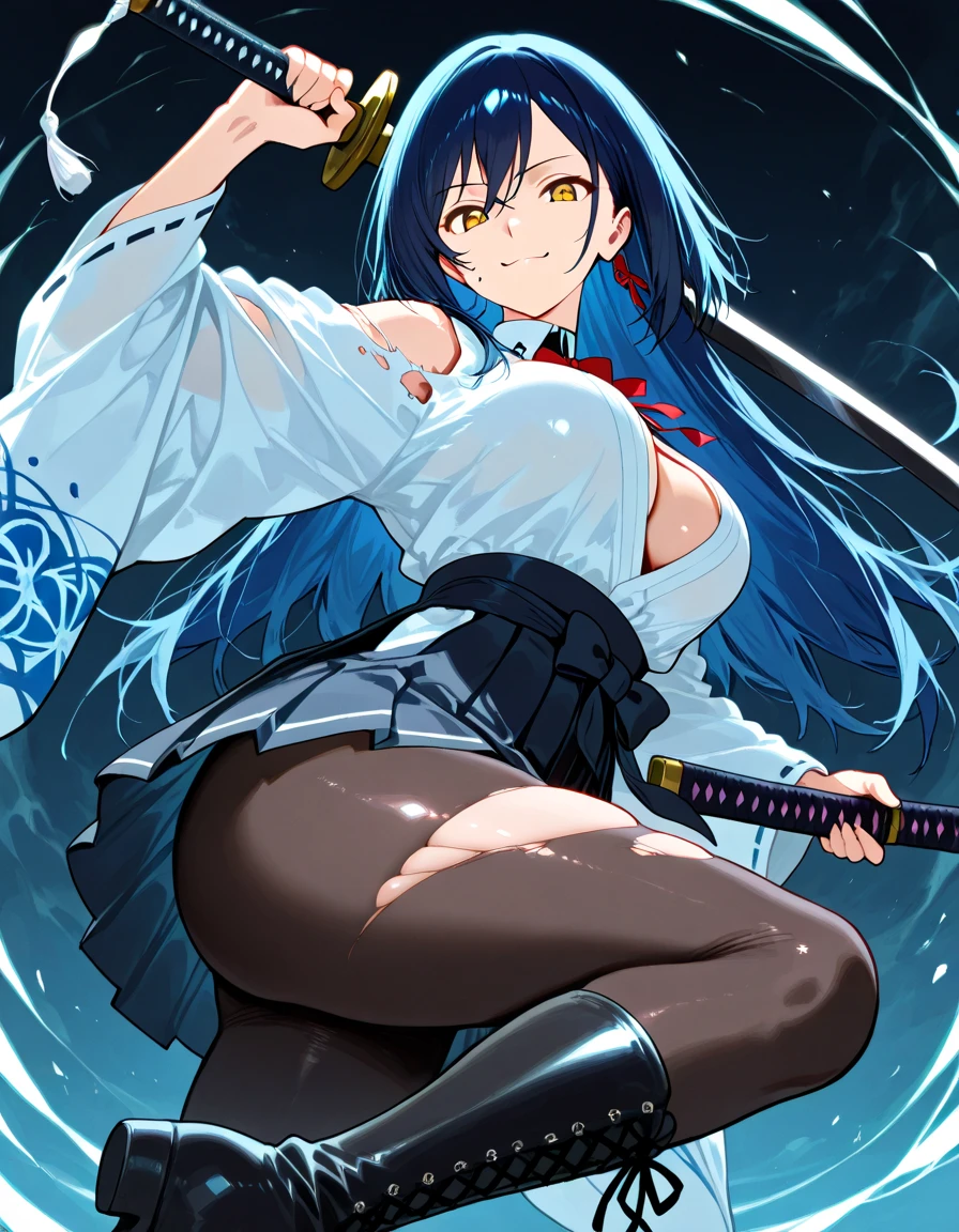 Woman of below average height, short black, Blue eyes. Woman wearing a traditional hanfu. flowing hair,confident and focused expression, dynamic pose. intricate sword movements, background is a traditional martial dojo Chinese, (gigantic breasts: 1.6), (breasts spilling over top:1.3)
