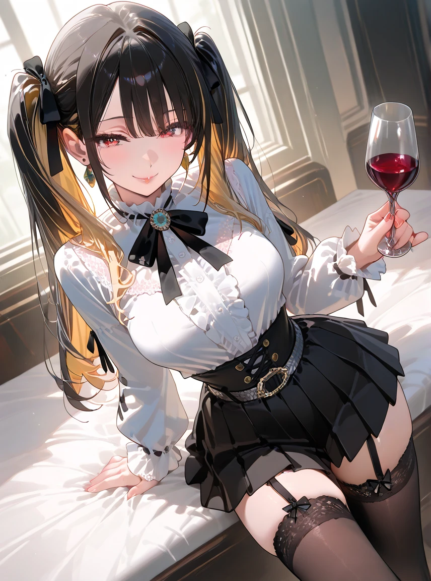 guweiz, artwork in the style of guweiz, guweiz masterpiece, loish and wlop, yanjun chengt, wlop loish and clamp style, wlop art, kawaii realistic portrait, the style of wlop, cute detailed digital art, stunning anime face portrait,((high quality)), ((masterpiece)), 8k, 1 boy, extremely detailed CG unity 8k wallpaper, looking at viewer, springy hair, about 15 years old, handsome without gender, white skin, black hair, Korean male hairstyle, wearing vest, shorts, stockings, boots, luxury apartment, noble, arrogant smile, light smile, beautiful like a doll, black dress, fighter, fine detailed eyes, detailed face, fine quality eyes, realistic lighting, backlight, face lights, ray tracking, cold, murky beauty, like a child, strangely beautiful eyes,light pink lips, sitting on sofa, red sofa, wine glass in hand, sitting cross-legged, noble girls as background, mysterious smile, cunning, a boy