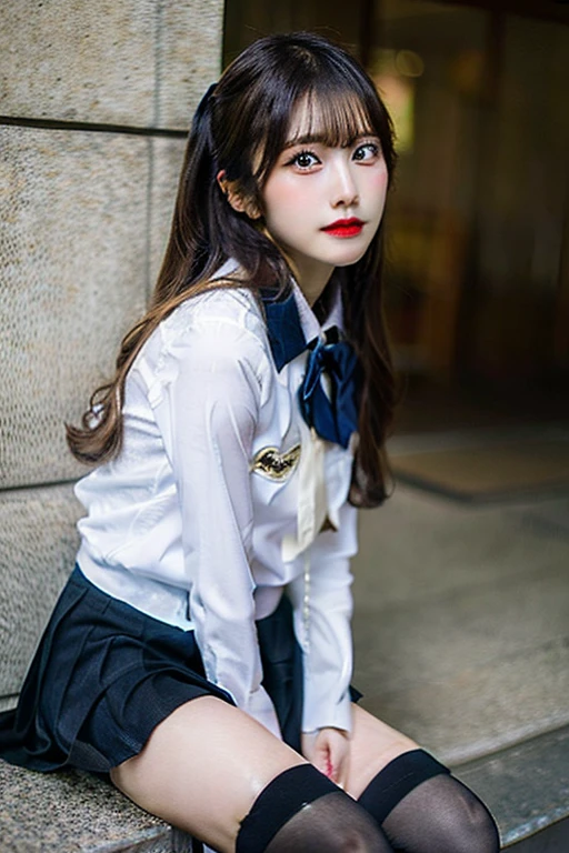 Highest quality, 8K quality, Masterpiece, (Two women with super big breasts are standing side by side facing this way.), (Super big breasts compressed in clothing:1.2), Whitening skin, Sparkling Blue Eyes, Deep crimson sailor collar uniform, Pleated skirt, Above the knee, (Super big breastsを手で握り潰している), A posture where the waist is bent forward to emphasize super big breasts, White panties, Breast Grab, Eyes closed and mouth open, Super big breasts