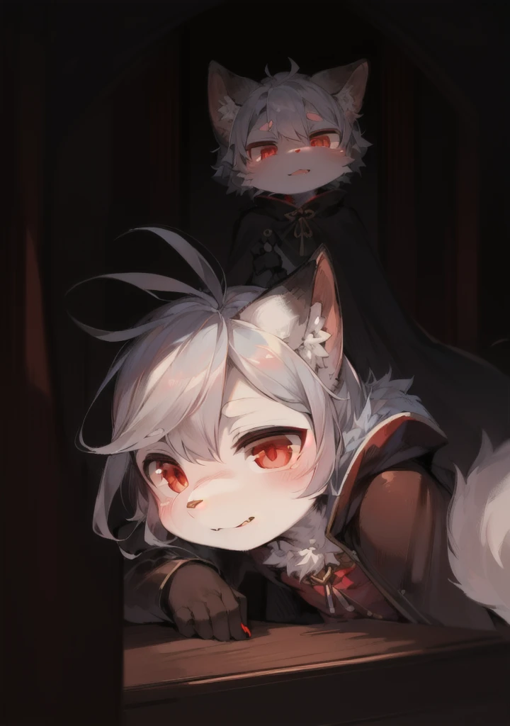 Cat Girl,was hairy,shaggy,Skin fur,White fur,Forelimb hands,hair splayed out,White ears,White face fur,White hair, hair splayed out, Shiny hair,Long hair,Hairline, low twintail,Blue eyes,Super cute face,Empty eyes,Crazy smile, Fangs,Armed with a dagger,bat hair ornament,White dress,Ambient light,Ultra-fine fur,volumettic light,, dashed eyes, bangs, light and darkcontrast, ultra high def, 巨作, Super detail,Castle background,Night,starry light,blood, blood_On_clothes, blood_On_Hands, blood_On_arma, blood_Flying splashes, blood_stain