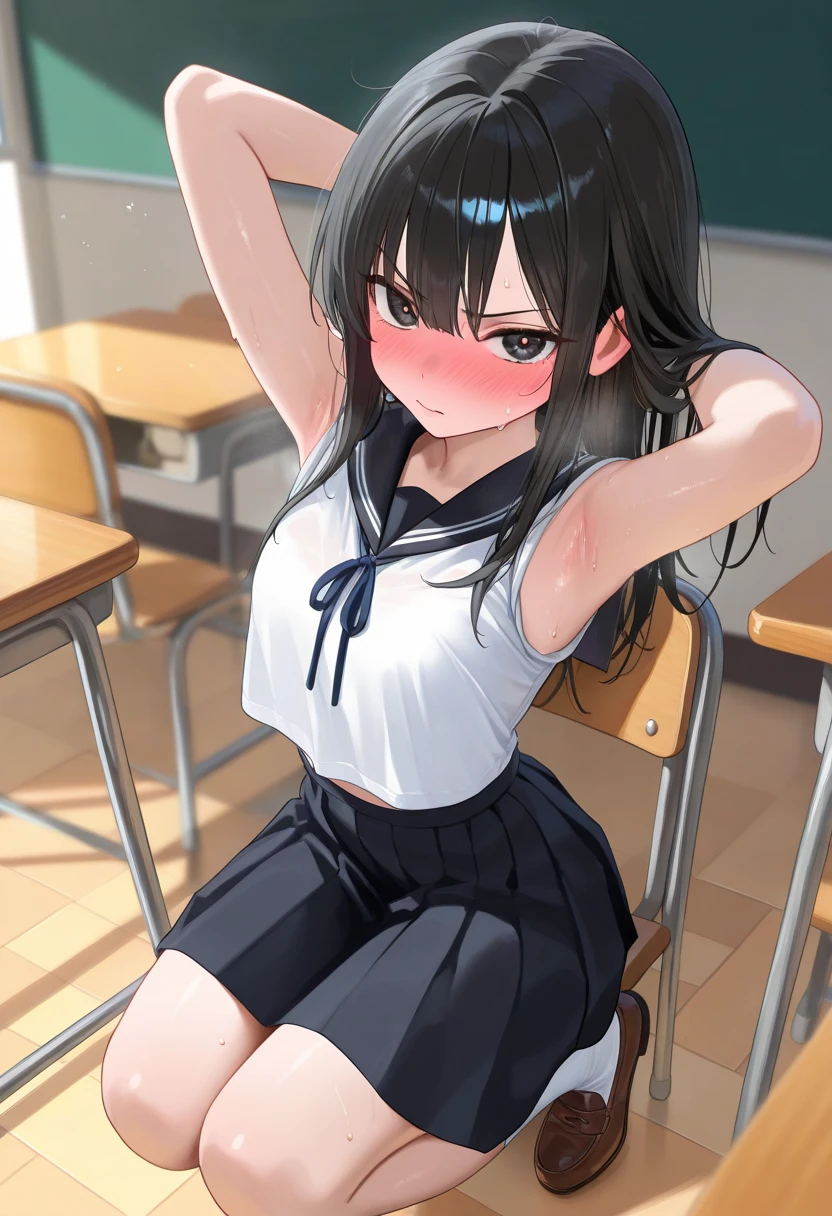 nsfw,alone, (One girl)、Elementary school girl,8-year-old,, ((全naked)), (naked）,  sexy, (Cowboy Shot),  ((Put your arms behind your head)), locker room, With a girl：Her hair is long and black, Her face is round and cute, Black Hair, Low twin tails,((orgasm)),(Sit on a chair)、Spread your legs、Beautiful nipples,Small breasts、(bukkake,Bukkake),((cum on bodybukkake,cum in Pussy,creampie)),