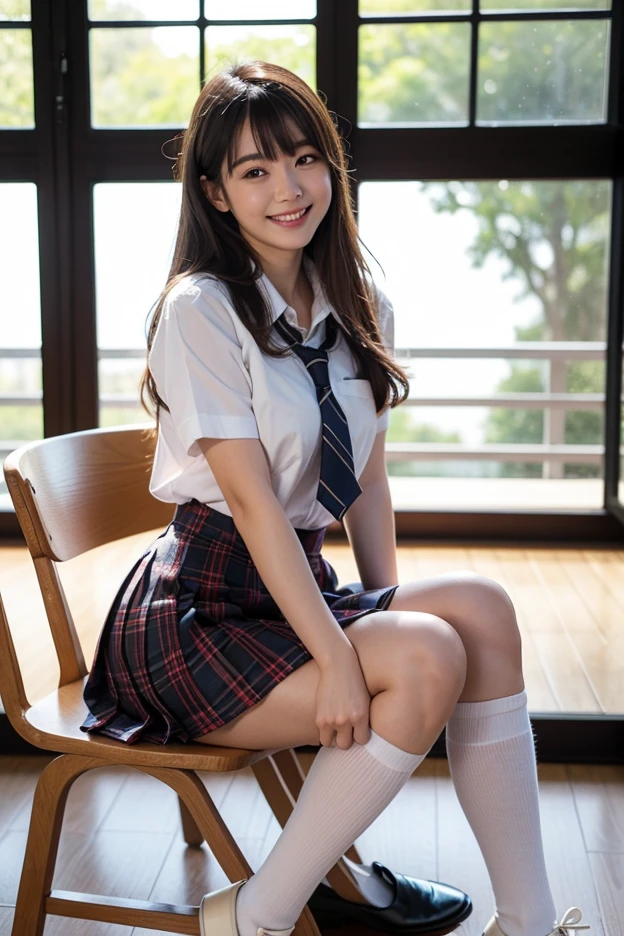 Pure Japanese school girl, sexual attractive, outstanding body, beautiful legs, wearing uniform, panty, sweet smile, sitting on bench, refreshing in early summer park, composition from the front, 