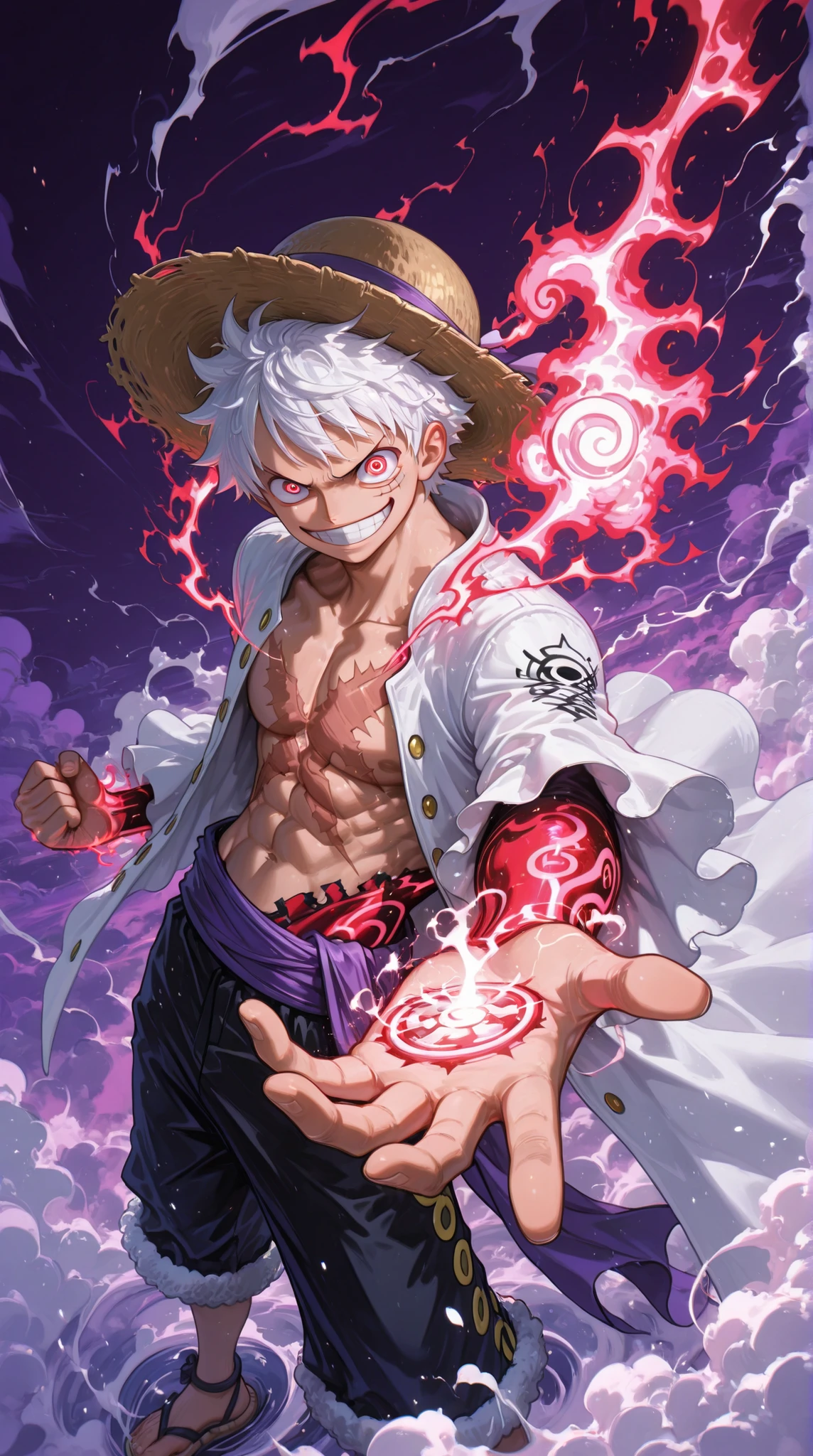 action pose, energy overload, full vfx, dynamic angle, masterpiece, best quality, solo, 1boy, Monkey D. Luffy (Gear 5), One Piece, immense power, reaching towards viewer, foreshortened giant hand, white hair, straw hat, joyful grin, glowing red eyes, white steam clouds, swirling white aura, red lightning, red energy vfx, dramatic purple background, vibrant colors, high contrast, sharp focus, cel shading, powerful, bare chest, scar on chest, white coat, purple sash,