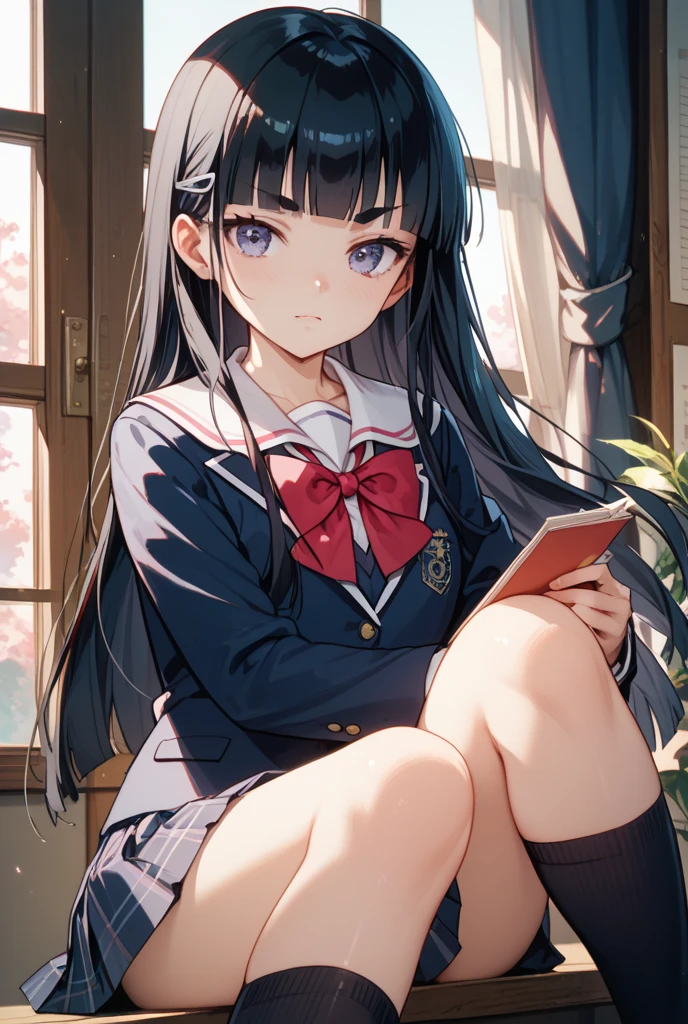 Wonderful young girl,cabelos preto e longos,Girl reading a book by the windowsill,The pose is attractive,Medium chest,A short dark blue skirt that barely covers the hips,White color blouse+Dark blue sailor suit,There is a red bow in front of the neckline,Greenery,窗帘,The city outside the window,tmasterpiece,Need,Highest high resolution。