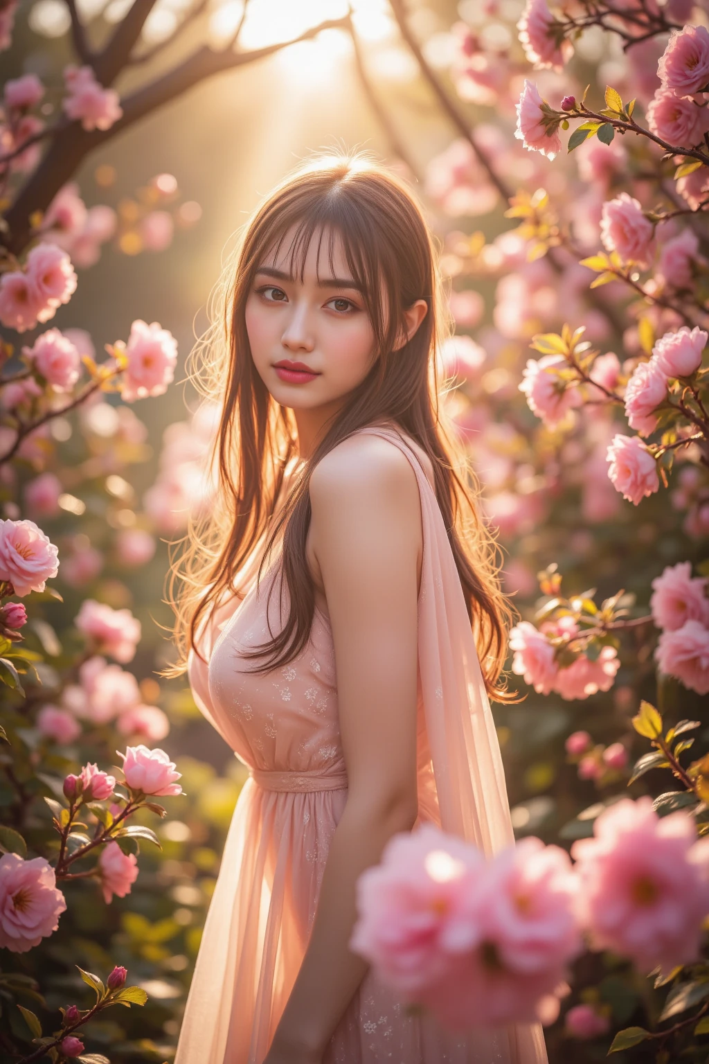 (8K、Raw photography、top-quality、​masterpiece:1.2)、(realisitic、Photorealsitic:1.37)、top-quality、超A high resolution、light  leaks、Dynamic lighting、Beautiful realistic woman with skin details in golden hour flower garden、Beautiful nostalgic mood skin、Wet skin and petals、Colossal tits、cleavage of the breast