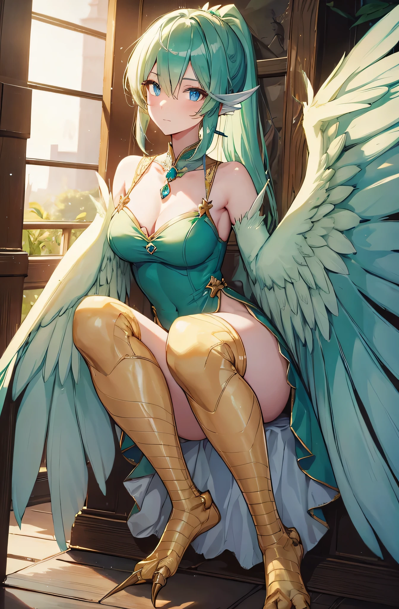((Seductive lady:1.3, solo:1.2))、((fusion of Harpy and lady:1.6))、((Winged On the back:1.4))、((arms behind head:1.3))、((feathers:1.2))、((dynamic angle:1.5))、((Soaring in the sky:2))、((blue sky background:1.5))、((full body))、looking down at viewer、((underboob:1.3))、((Glossy realistic skin texture))、((shiny skin))、masterpiece, ultra-detailliert, 8k, hiquality, Top image quality, Smooth texture、watercolor