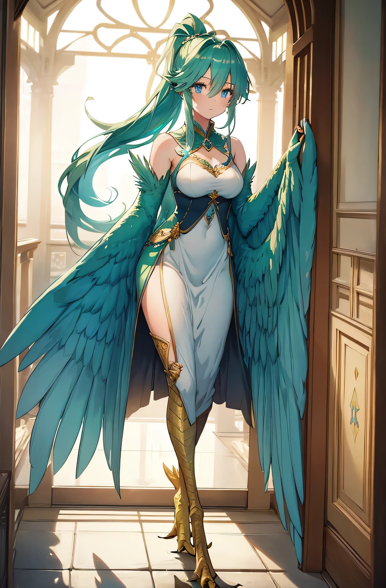4k,hight resolution,One Woman,harpy,Green hair,poneyTail,Blue eyes,Sexy face,huge tit,snow-white wings,golden toenails,ancient chinese princess,fantasy cheongsam dress,ancient chinese crown,jewel decorations,Inside the royal family