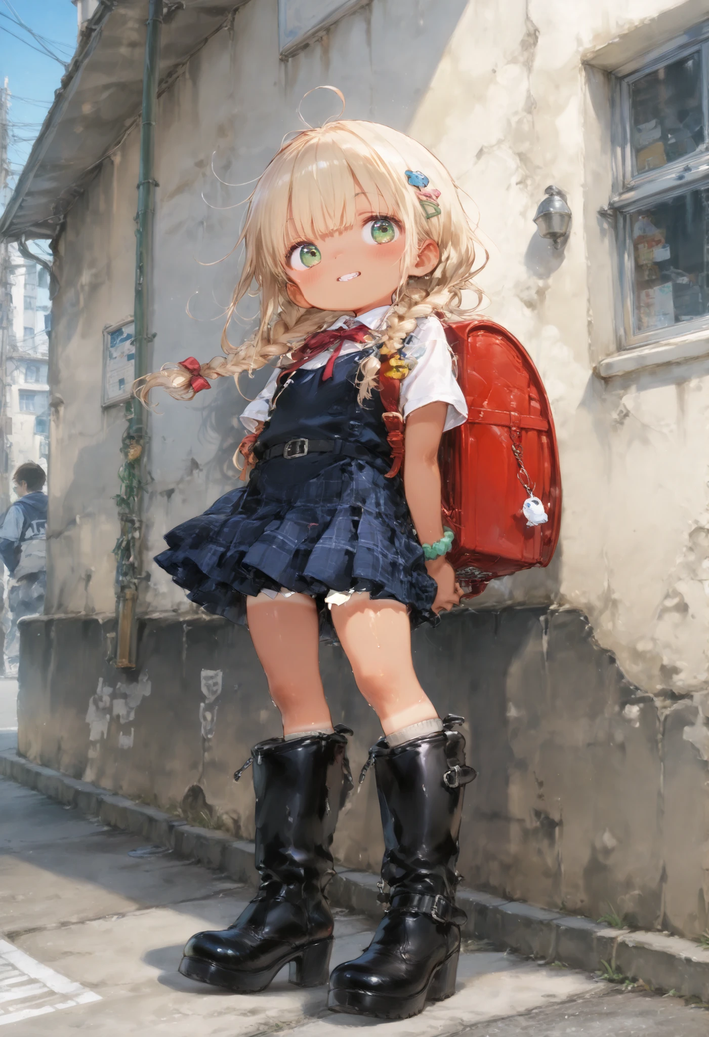 young blonde girl, braids, ノースリーブ、カジュアルな服、 high heel boots, accurate, anatomically correct,exquisite digital illustration, tanlines ,tan, ネコスライム